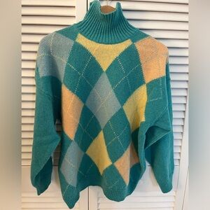 On The Road Argyle Turtleneck Sweater Sz XL Aqua Green Blue Yellow Vintage 80s
